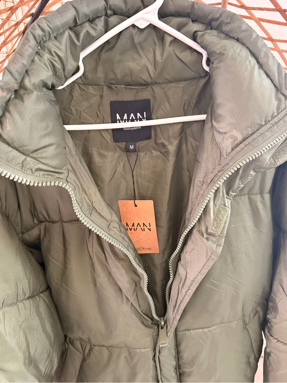 Boohoo Mens Olive Green Puffer Jacket